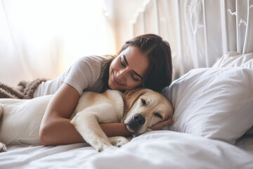 A peaceful moment of rest, as a woman finds comfort in the warmth of her bed, accompanied by her loyal canine companion