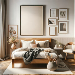 Fototapeta na wymiar Stylish and design composition of bedroom interior with wooden bed, mock up poster frame 