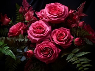 Pink roses in the bouquet with ferns