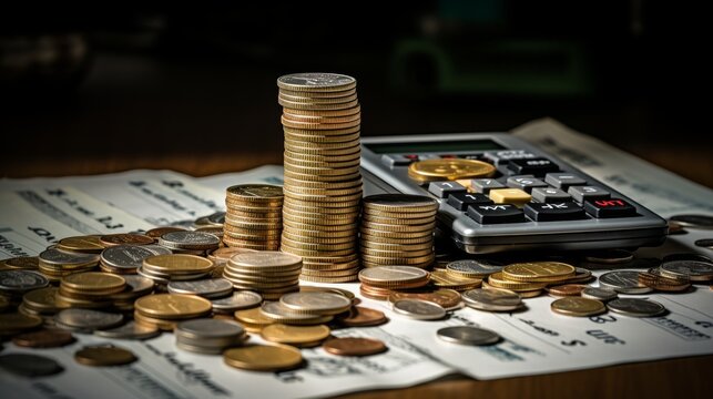 A close-up image of stacked coins of various denominations next to a calculator, sitting on top of financial balance sheets.
