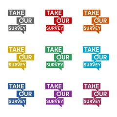 Take Our Survey icon isolated on white background. Set icons colorful