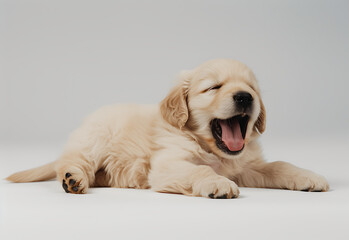 golden retriever puppy lying down and panting in the 