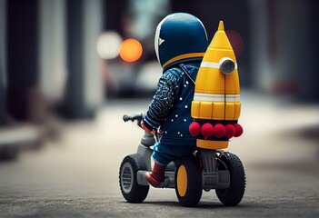 back view Child on Tricycle Carrying a Toy Space Rocket generative ai