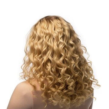 Hair, a blond woman with hairstyle transformation and curly texture. Model, salon treatment and haircut shine on white background. Cosmetics with keratin and growth care. Generative Ai