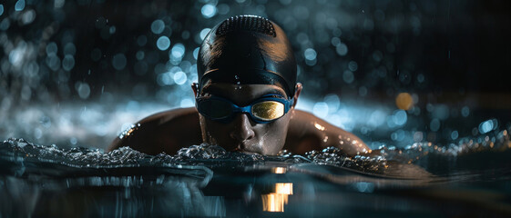 Determined swimmer cuts through water at night, goggles reflecting the world beyond