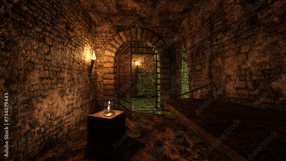 Poster Dark gloomy empty prison cell in an old medieval dungeon with flaming torch on the wall and candle on a wooden crate. 3D render.
