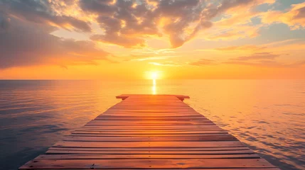 Fotobehang Serene Sunset View from Wooden Pier Over Ocean © John