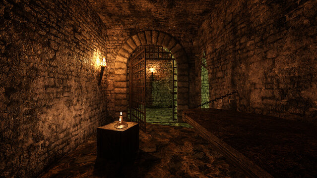 Dark gloomy empty prison cell in an old medieval dungeon with flaming torch on the wall and candle on a wooden crate. 3D render.