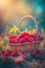 Organic delicious freshly picked raspberries in a wicker basket stand in the summer garden. Copy...