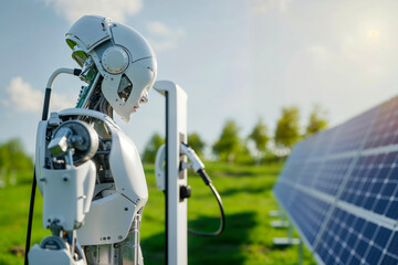 Amidst the vibrant blue sky, an outdoor robot stands proudly next to gleaming solar panels, harnessing the power of the sun to fuel its futuristic existence