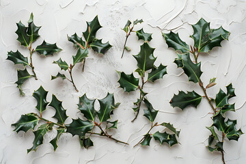 holly branches lays on the white background of the pi - obrazy, fototapety, plakaty