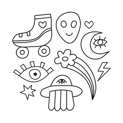 Groovy retro icons in circle.