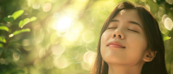 Fototapeta premium Young woman enjoying the serenity of nature, a moment of pure bliss