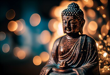 buddha statue on glowing background with bokeh. Generative AI