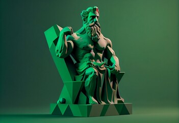 3D rendering of the statue of Zeus against a green background with geometric shapes on it. Generative AI