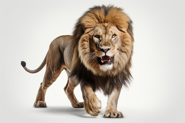 Obraz premium Lion Charging on a White Background. Beautiful feline portrait.