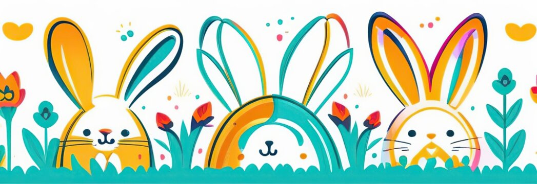 Colourful easter banner with bunnies, eggs and flowers. Vector