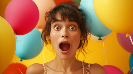 girl with balloons, Excited woman with open mouth portrait - expressive emotions and amazement concept,  concept of expressive emotions and the feeling of being amazed, birthday party celebration