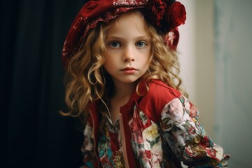 Portrait of a beautiful little girl with long curly hair in a red dress and a bandana.