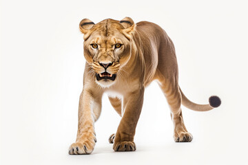 Obraz premium Lioness Charging on a White Background. Beautiful feline portrait.