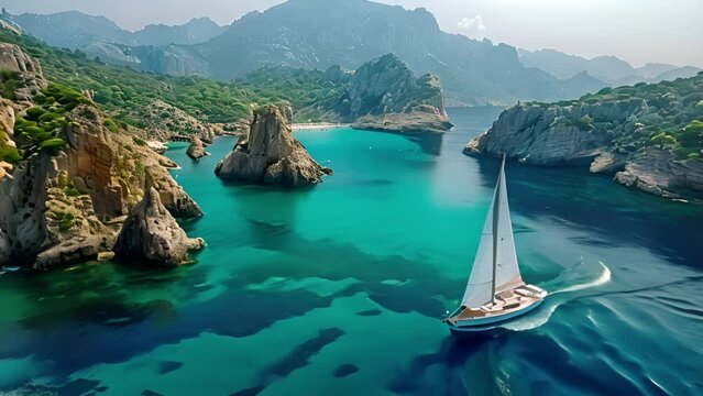 Aerial drone video of tropical paradise exotic island bay covered in limestone trees with emerald crystal clear beach visited by luxury yachts and sail boats in Caribbean destination 4k video.