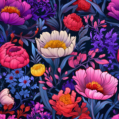 Wildflowers in Abstract, abstracts wildflowers into shapes and colors, focusing on the essence and mood of the flora, Seamless Floral Pattern, Wildflower JPG, Created using generative AI