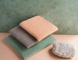 Interior design swatches, colour texture and material samples on the table with copy space