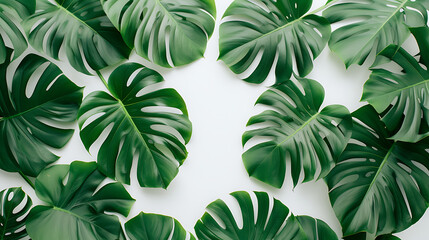 jungle monstera leaves on a white background. top vie - obrazy, fototapety, plakaty
