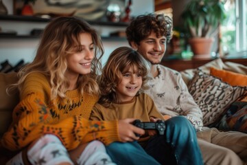 Parents and children enjoy playing games on the sofa in the living room.