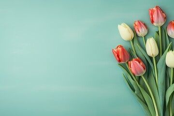 Overhead view of tulips in various colors against a serene seafoam green backdrop, providing a tranquil space for text overlay.