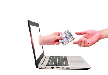 Get money from online business holding US dollar in hand.business concept.