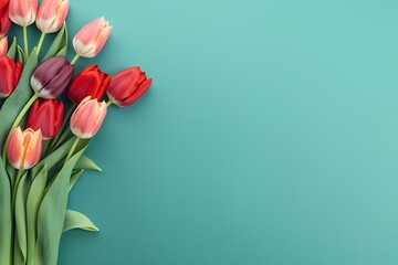 Overhead view of tulips in various colors against a serene seafoam green backdrop, providing a tranquil space for text overlay. - Powered by Adobe
