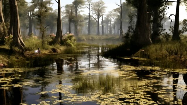 Spring landscape in a swamp with butterflies, frogs, ducks in the morning Seamless looping time-lapse animation Video background Generated AI
