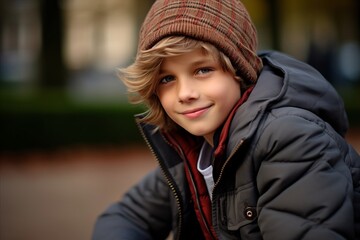 Outdoor portrait of a cute little boy in a warm jacket and hat