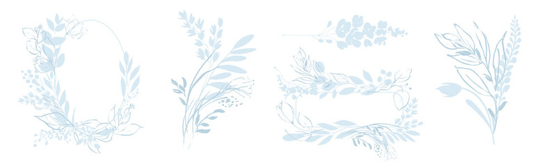Fototapeta na wymiar Simple outline blue floral clipart. Leaves and flowers sketch illustration. Light blue flowers clipart. Spring summer floral bouquets. wild blue and white herbs, flowers. for invitation, celebration, 