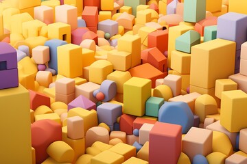 Playful array of colorful building blocks scattered on a pastel yellow surface, inviting creativity and exploration.