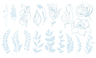 Simple outline blue floral clipart. Leaves and flowers sketch illustration. Light blue flowers clipart. Spring summer floral bouquets. wild blue and white herbs, flowers. for invitation, celebration, 
