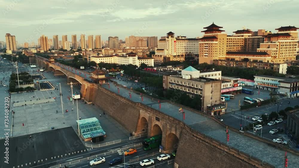 Wall mural Aerial drone view of ancient city wall of Xian city