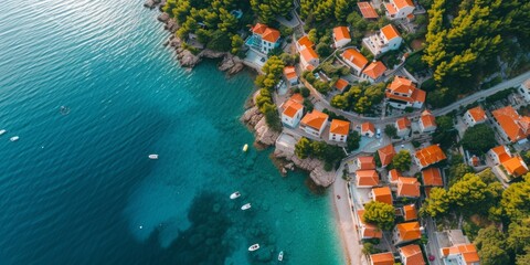 view from drone to cozy village