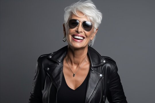 Mature woman wearing sunglasses and a leather jacket over grey background.