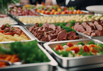 Festeggio Gastronomico- Buffet di Catering con Piatti di Carne e Verdure Colorate e Deliziose