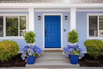 Fototapeta na wymiar Royal Blue Front Entry Door in a House With Vinyl Siding
