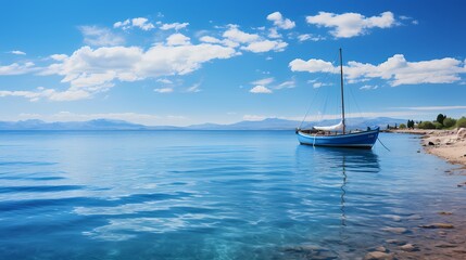 Obraz premium A panoramic view of a serene cobalt blue ocean, with a lone sailboat peacefully gliding on the water