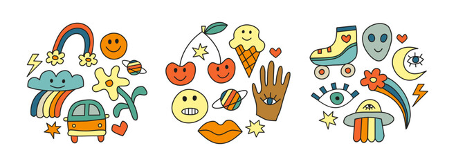 Fototapeta premium Groovy retro icons in circles.