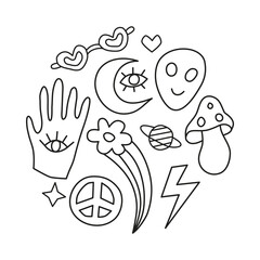 Groovy retro icons in circle.