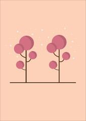 pink background with flowers, tree, simple and cute illustration of background design , imaginary tree..