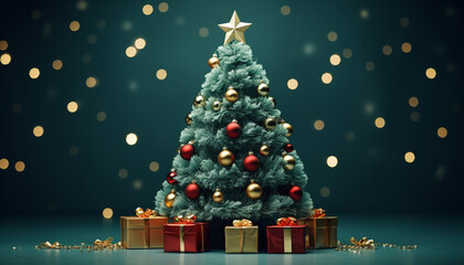 Obraz premium Shiny gold Christmas tree illuminated with glowing snowflake decorations generated by AI