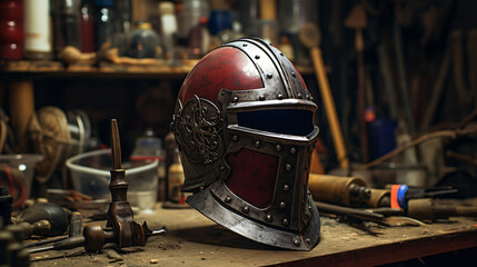 Medieval Bascinet Helm with Lift-able Face Mask - obrazy, fototapety, plakaty