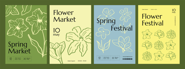 A set of spring market posters with hand-drawn flowers. Artworks with soft flowers, botanical elements, blooming plants.