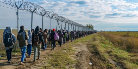 Queue of refugees along a high border fence